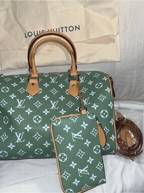Green Monogram Speedy-Style Tote with Tan Trim